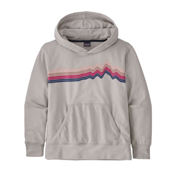 Childrens Patagonia organic eco-friendly graphic hoody on in cornice grey on a white background