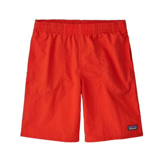 Patagonia childrens eco-friendly paintbrush red baggy swimming shorts on a white background
