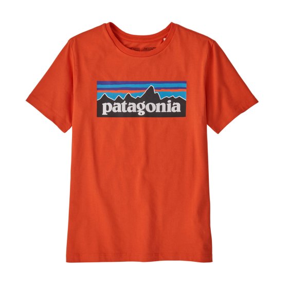 Children's Patagonia organic regenerative cotton P-6 logo t-shirt in the metric orange colour on a white background