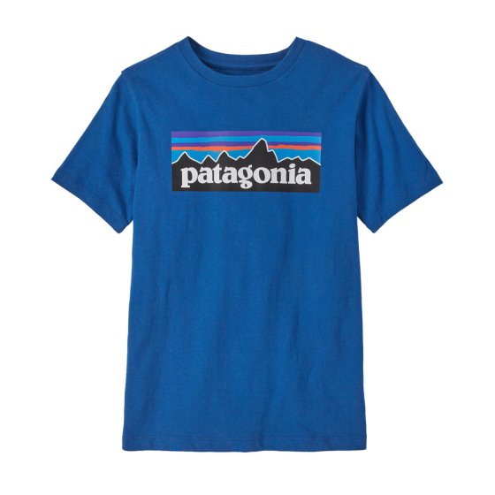 Children's Patagonia organic regenerative cotton p-6 logo tshirt in the superior blue colour on a white background