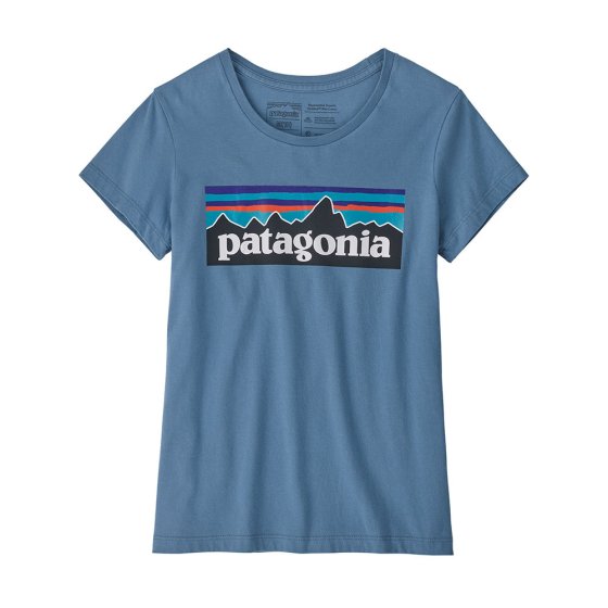 Patagonia kids P-6 logo regenerative cotton t-shirt in the pigeon blue colour on a white background
