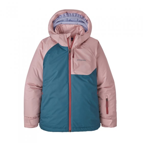 Kids Patagonia eco-friendly Snowbelle winter jacket in abalone blue on a white background