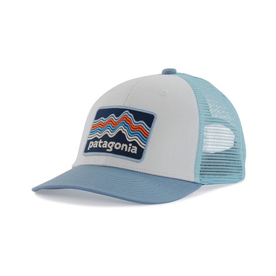 Patagonia childrens eco-friendly trucker cap in the ridge rise stripe light plume grey colour on a white background