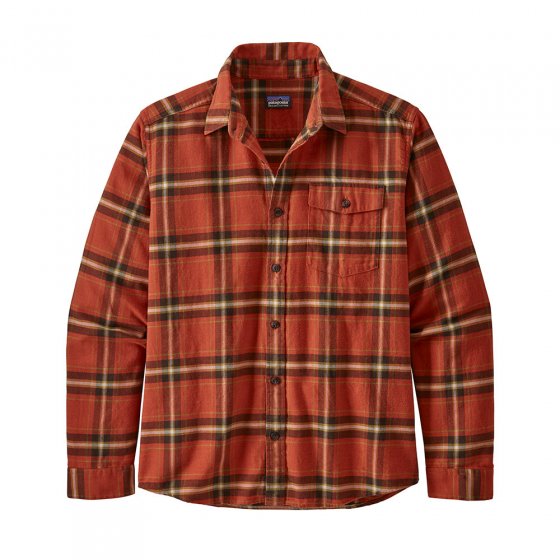 Patagonia mens fjord flannel shirt in the lawrence hot ember colour on a white background