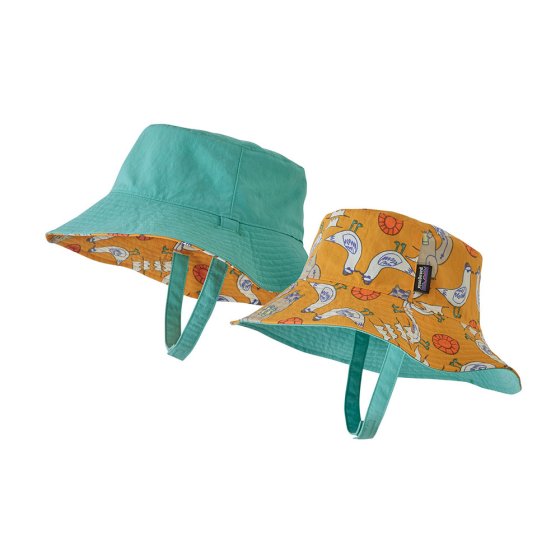 2 Patagonia childrens organic cotton reversible sun hats in the real locals multi saffron colour on a white background