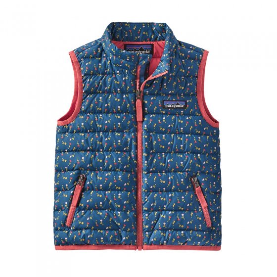 Patagonia eco-friendly childrens insulated down vest in the slow dance crater blue colour on a white background
