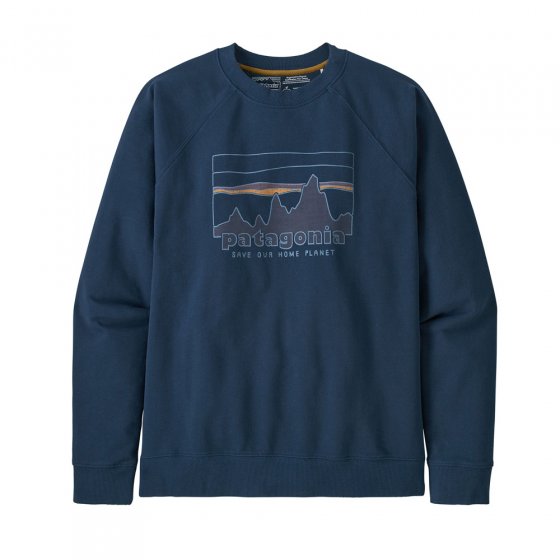 Mens Patagonia '73 skyline organic cotton crew sweatshirt in the tidepool blue colour on a white background