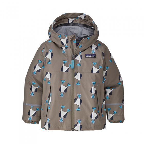 Patagonia eco-friendly childrens blue prints furry taupe raincoat jacket on a white background