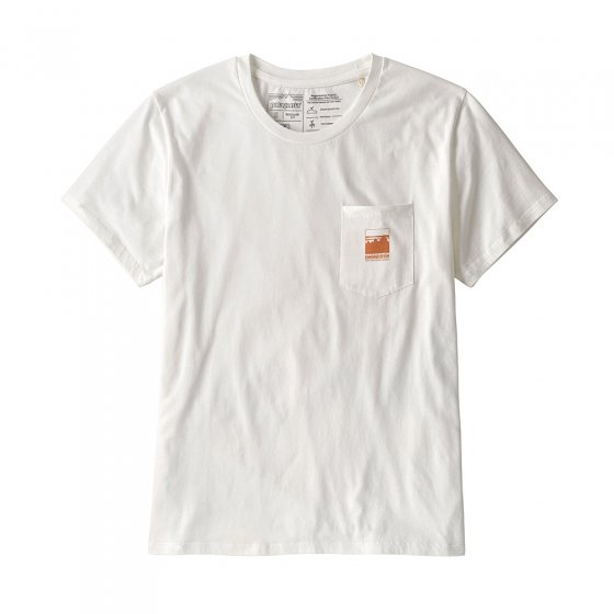 Patagonia alpine logo regenerative organic cotton pocket t shirt in white on a white background