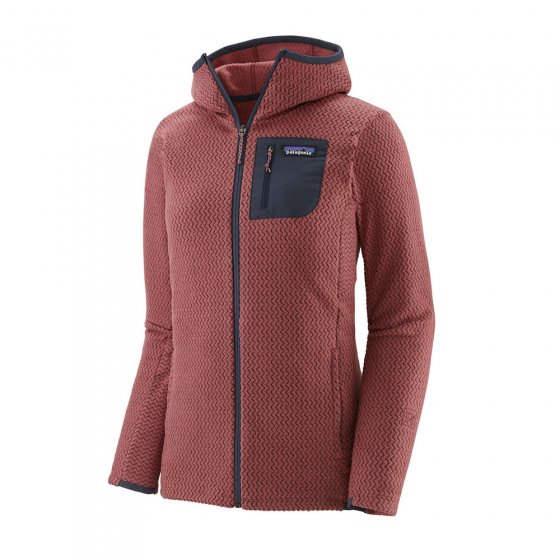 Patagonia rosehip women's R1 air full zip hoody on a white background