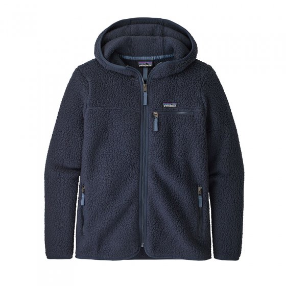 Patagonia eco-friendly new navy womens retro pile hoody on a white background