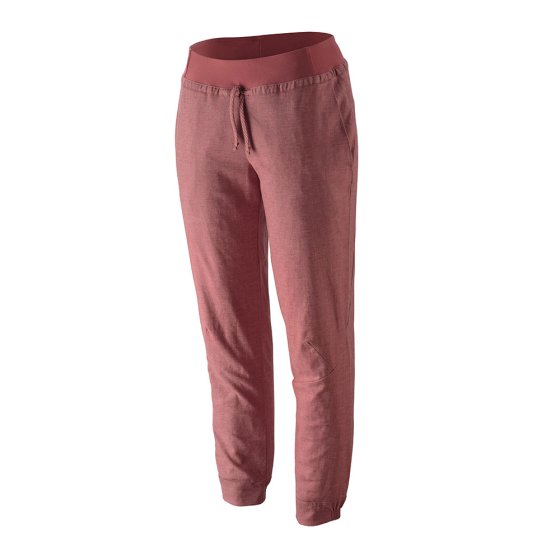 Womens Patagonia hampi rock pants in the rosehip colour on a white background