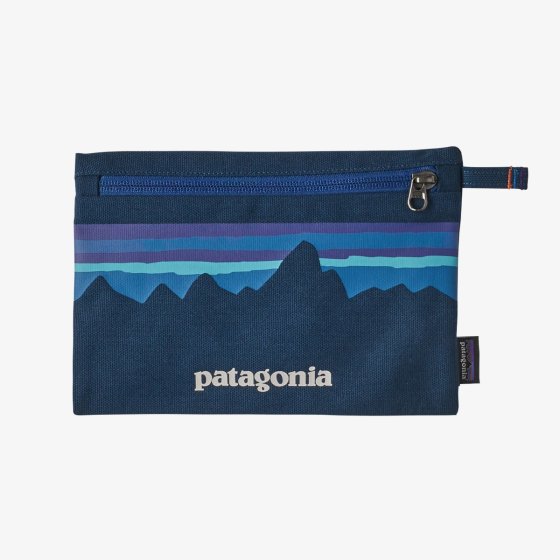Patagonia Zippered Pouch - P-6 Fitz Roy: Tidepool Blue, a deep blue zippered pouch on a white background