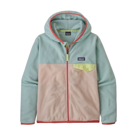 The Patagonia Kid's Micro D Snap-T Jacket - Cameo, a light blue upper half and faded pink lower half, contrasting coral cuffs, hems and zip with a bright yellow chest pocket and zipper pull. On a white background