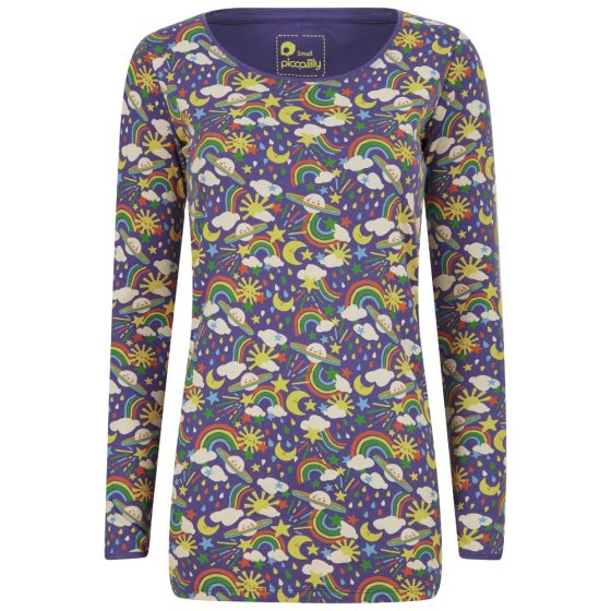 blue organic cotton long sleeve fitted top for adults with a fabulous rainbow weather and planets all-over print from piccalilly