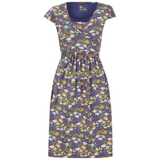 purple organic cotton wrap dress with a fabulous rainbow weather and planets all-over print from piccalilly