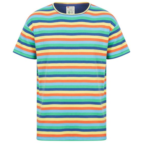  organic cotton crew neck t-shirt in a colourful rainbow stripes design from piccalilly