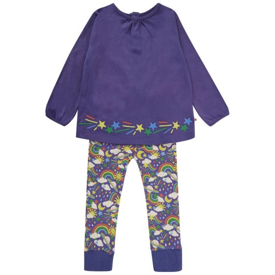 two piece outfit for babies and children including a long sleeve blue tunic with colourful star embroidery along the hem and co-ordinating blue cuffed leggings in the Cosmic Weather print from piccalilly