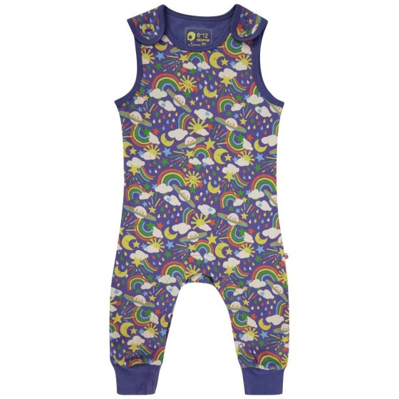 soft blue organic cotton dungarees for babies and toddlers with a bright rainbow weather and planets all-over print, a matching blue trim and comfy stretchy cuffs from piccalilly