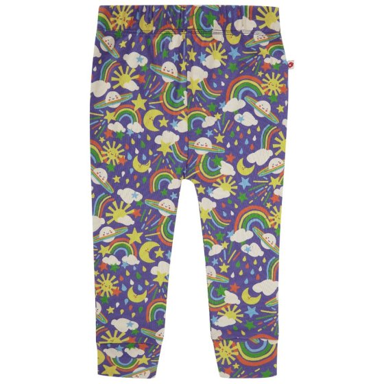 blue organic cotton leggings for babies and children with a colourful rainbow weather and planets all-over print from piccalilly