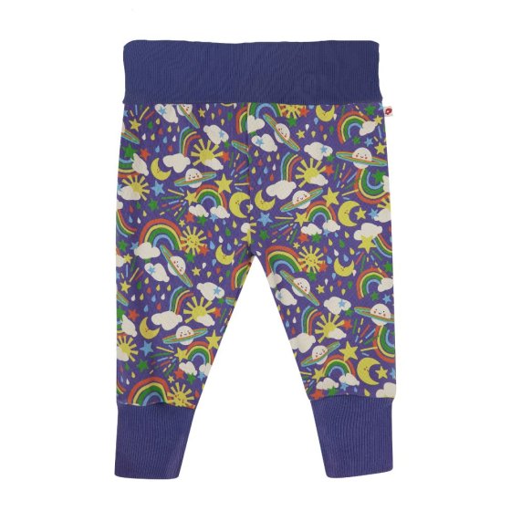 These Piccalilly Cosmic Weather Pull-Up Trousers are blue organic cotton baby and toddler bottoms with a colourful rainbow weather and planets all-over print with a co-ordinating blue waistband and stretchy cuffs that fold up to allow for room to grow and