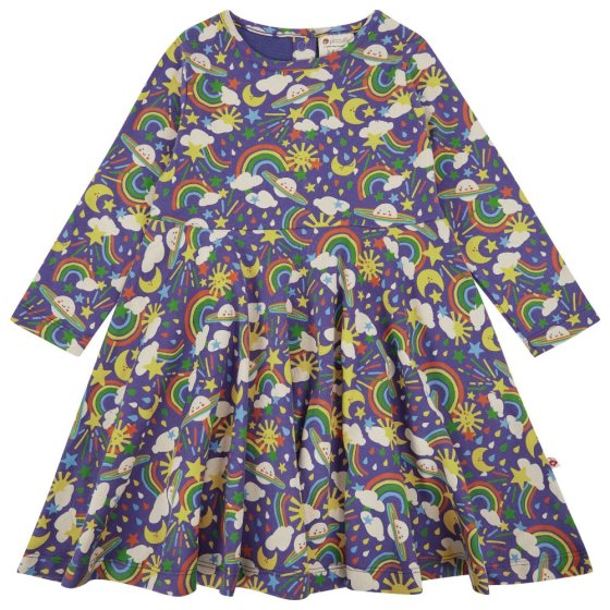 blue organic cotton dress with a rainbow weather and planets all-over print, long sleeves, and a twirly circle skirt from piccalilly