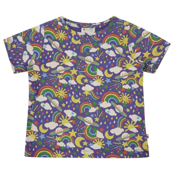 blue organic cotton short-sleeved top with a bright rainbow weather and planets print from piccalilly