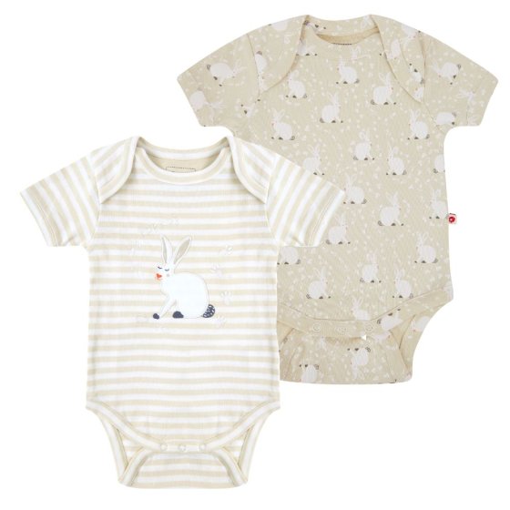 pack of two Piccalilly Cotton Tail Bodysuits are organic cotton short-sleeve baby bodies, one is pale cream with an adorable white rabbit print, the other has white and pale cream stripes with a central white rabbit applique