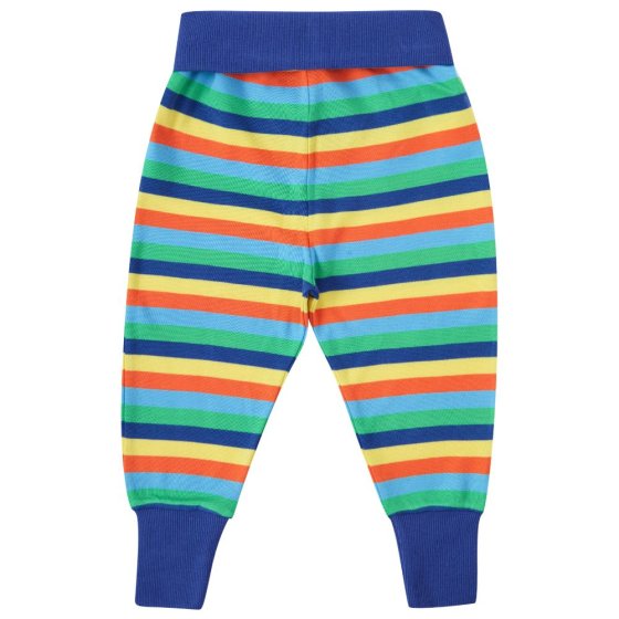 organic cotton baby and toddler bottoms with a bright rainbow stripe design with a co-ordinating blue waistband and stretchy cuffs that fold up to allow for room to grow from piccalilly