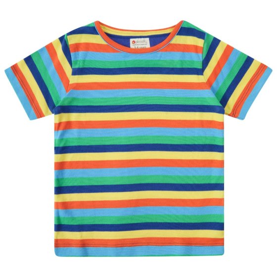 soft organic cotton short-sleeved top for children with a bright rainbow stripe print from piccalilly