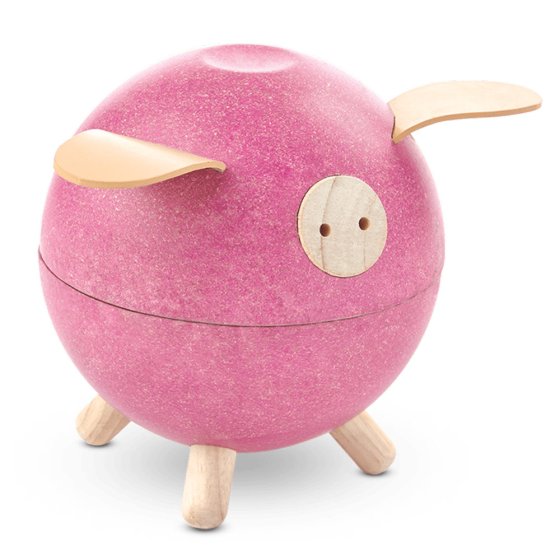 Plan Toys eco-friendly pink wooden piggy bank on a white background