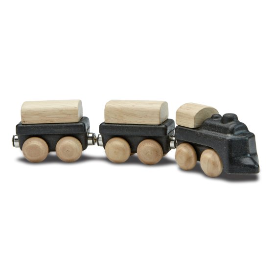 Plan toys eco-friendly wooden classic train set toy on a white background