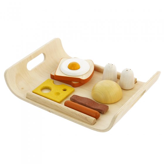 Plan toys eco-friendly wooden breakfast food tray toy set on a white background