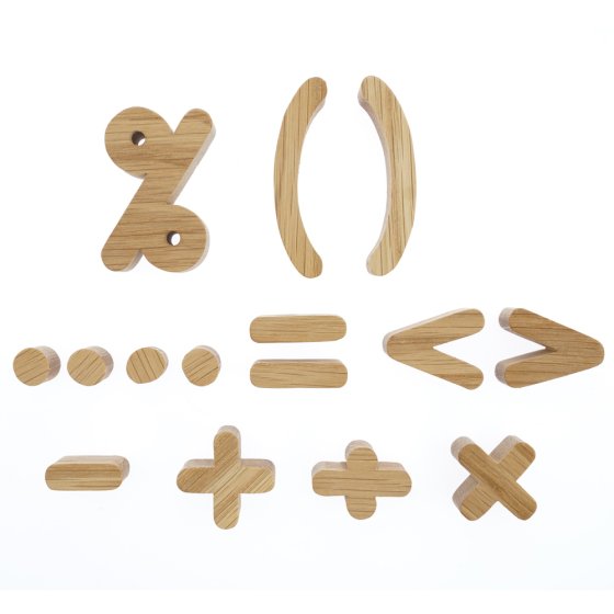 Reel wood eco-friendly wooden maths symbols set laid out on a white background