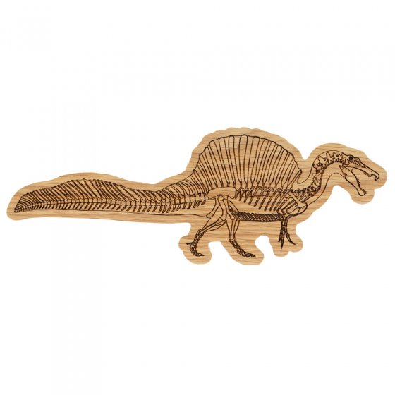 Reel wood handmade plastic free wooden spinosaurus toy on a white background