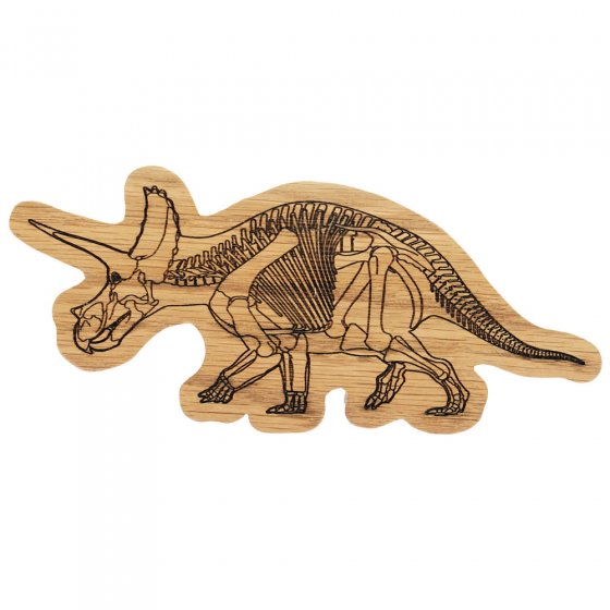 Reel wood handmade wooden triceratops dinosaur toy on a white background