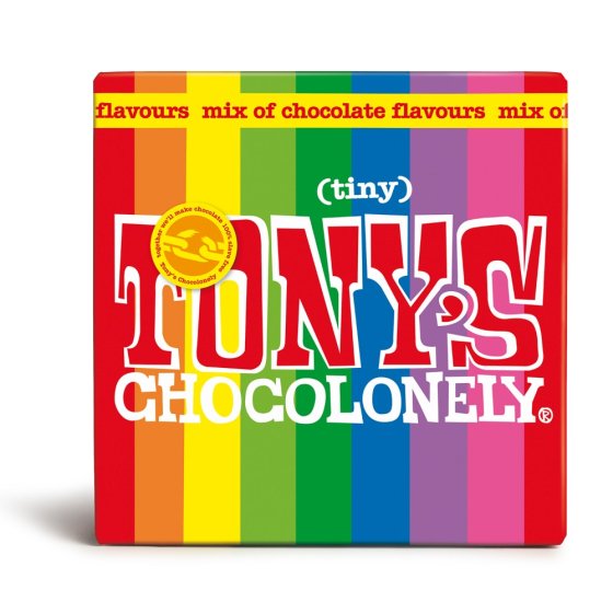 The rainbow coloured box of Tony's Chocolonely Tiny Tony's Gift Box on a white background