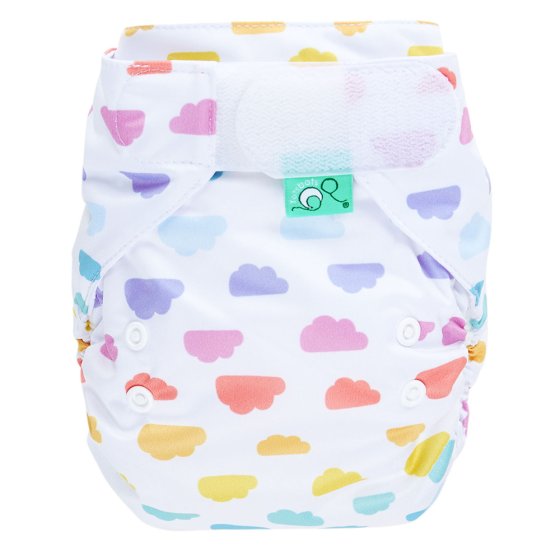 Tots Bots reusable washable white nappy with rainbow clouds all over on white background
