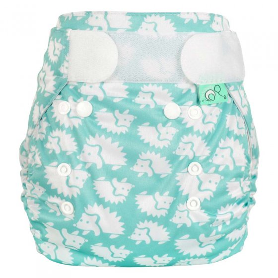 Tots Bots Bamboozle Nappy Wrap - Hedgehug is a teal blue waterproof nappy cover with a white hedgehog design and white velcro. Front view, white background. 