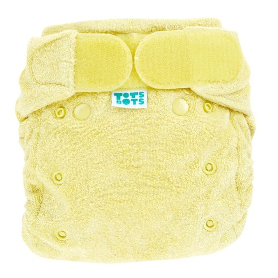 Front of the Tots bots bamboozle stretch reusable baby nappy in the catkin colour on a white background