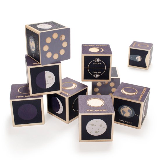 Uncle Goose eco-friendly wooden moon cube block toys stacked on a white background