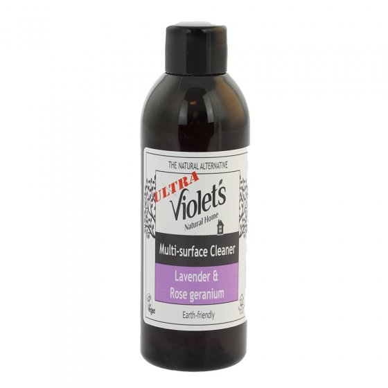 Violets lavender and rose geranium multi surface cleaner fluid on a white background