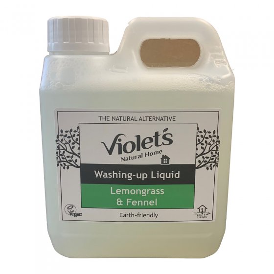 Violets Lemongrass and fennel washing up liquid on a white background