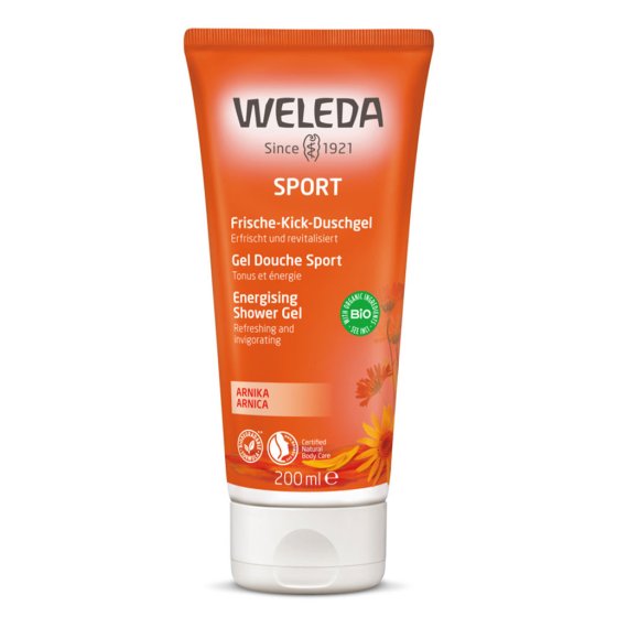 200ml bottle of Weleda natural arnica energising sports shower gel on a white background