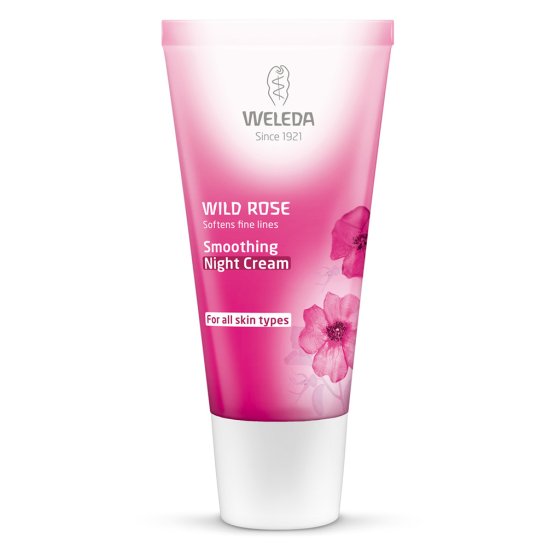 30ml bottle of Weleda wild rose smoothing night cream on a white background