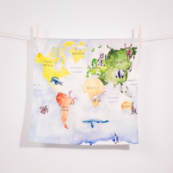 Wonder cloths organic cotton world map learning cloth hanging from a rope line on a white background