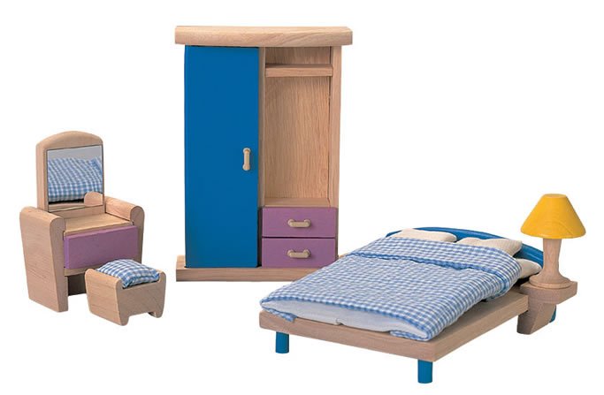 Plan Toys Wooden Dolls House Bedroom Kit - Neo. This sustainable bedroom set including a double bed, dressing table, stool, lamp and wardrobe - made from solid rubber wood and decorated in blue and purple.