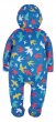Frugi Explorer rainproof waterproof blue zipped babysuit with a hood and rainbow birds printed all over