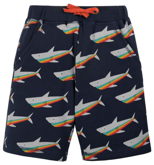 indigo samson shorts with rainbow sharks print from frugi