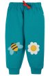 teal character crawlers with a bee and a daisy knee appliques from frugi